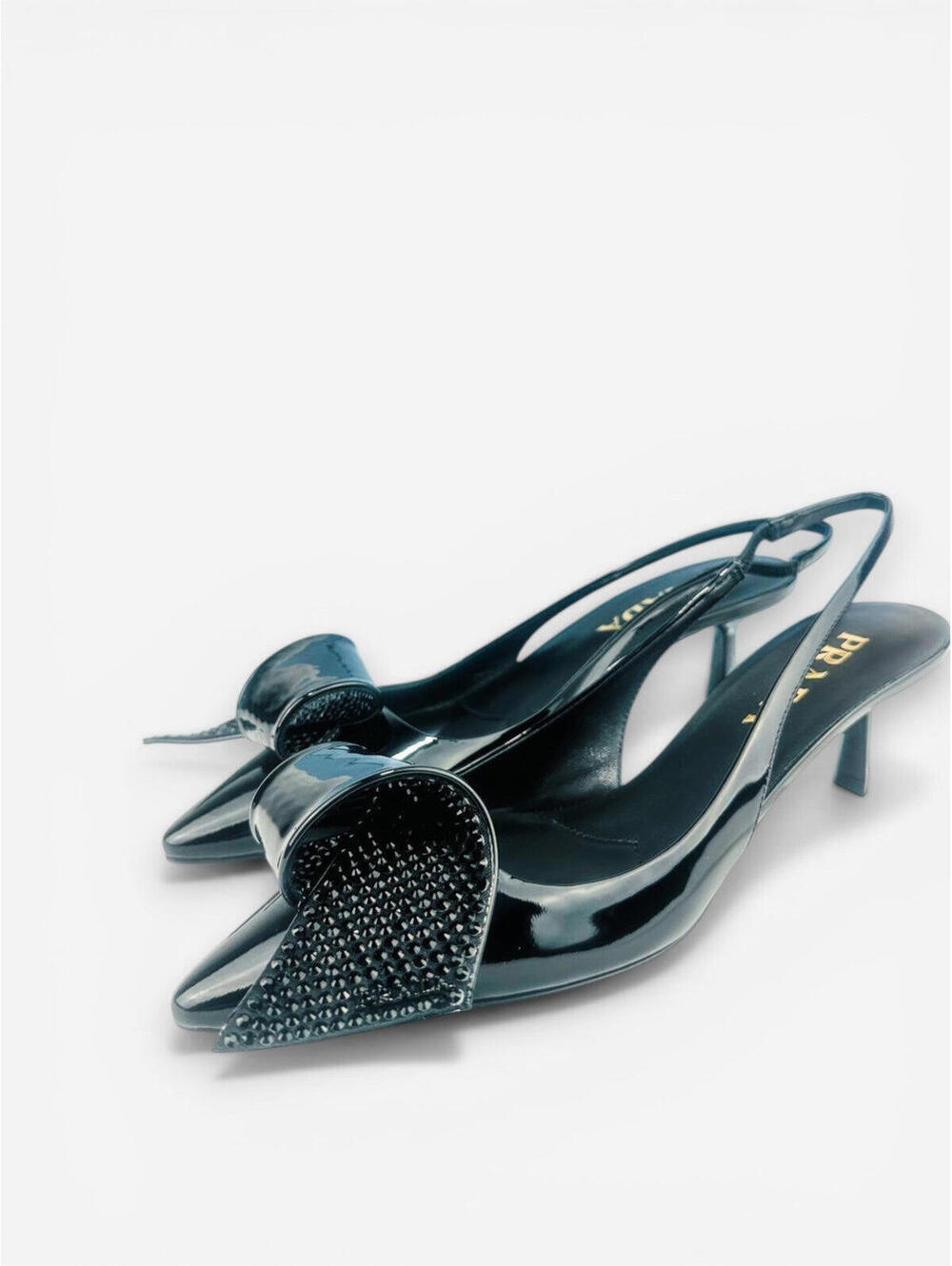 Prada Black Patent Leather Logo Bow Kitten Heel Slingback EU 36.5 | NIB - Picture 2 of 8